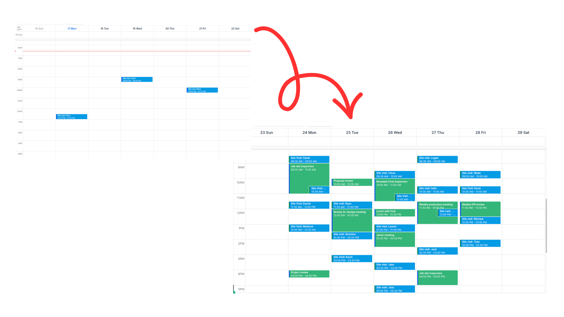 Calendar going from an empty week to booked out with site visits